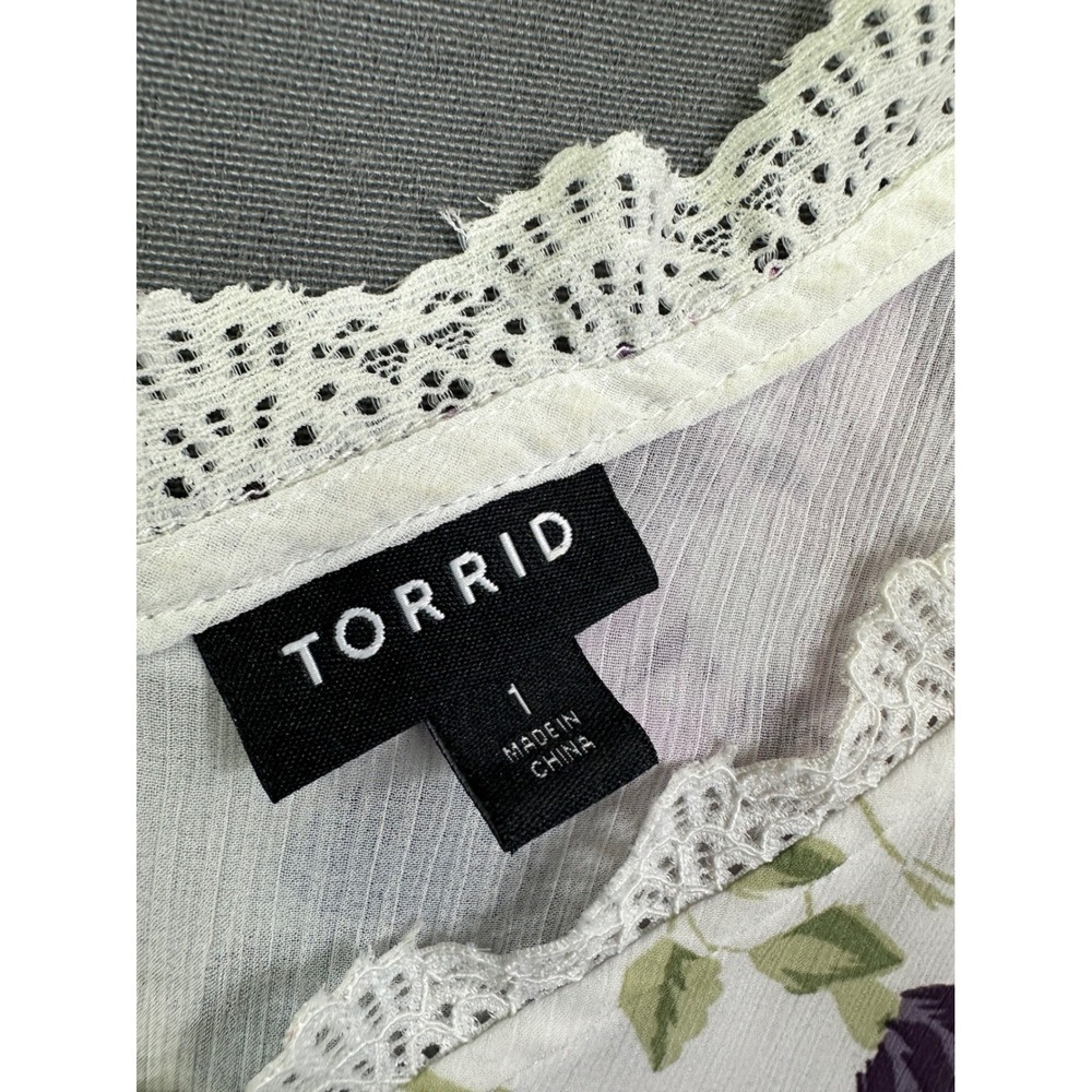 Torrid Women's Floral Cold Shoulder Lace Trim V-Neck Blouse White Purple Size 1